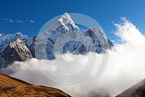 Evening view mount Ama Dablam on the way to Mount Everest Base Camp, Khumbu valley, Solukhumbu, Sagarmatha national park -