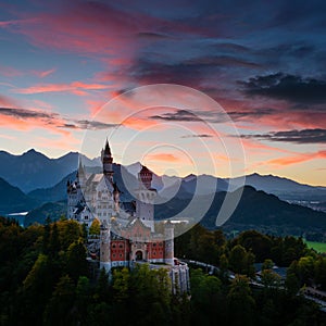 Evening view of Neuschwanstein Castle in Bavaria (Germany)