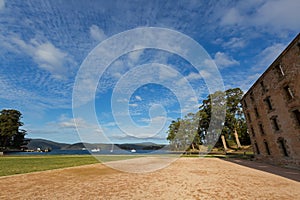 Evening view of old Penitentiary near Mason Cove at Port Arthur, Tasmania, Australia..