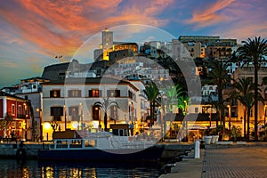 Evening view of the old town of Eivissa, Ibiza, Spain