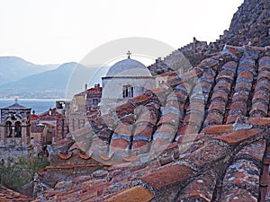 Evening view over the rooftops in Monemvasia, Greece