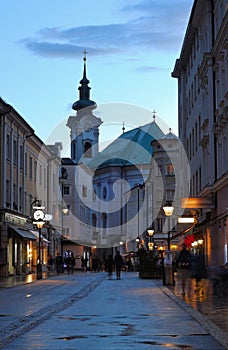 Evening view on the pedestrian street of Salzburg