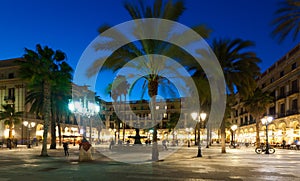 Evening view of Placa Reial in Barcelona