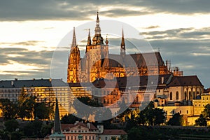 Evening view of Prague Castle at sunset.