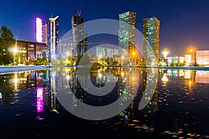 Evening view of reflecting skyscrapers in Astana now Nur-Sultan , capital of Kazakhsta