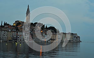 Evening view of Rovinj old town  peninsular  with the Church of St. Euphemia  Istria Croatia.