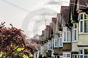 Evening View of Row of Typical English Terraced Houses in Northampton