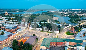 Evening view of Russian city of Yaroslavl on Volga with Spaso-Preobrazhensky monastery