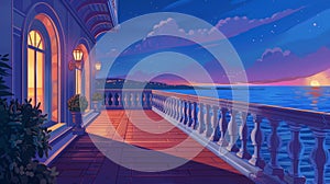 An evening view of the sea front on a cartoon background. Ocean landscape from a Mediterranean hotel balcony. An