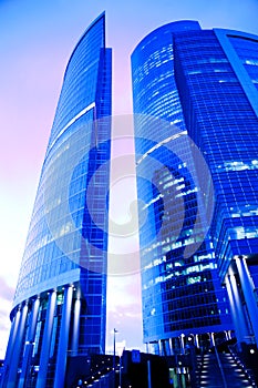 Evening view of skyscrapers and rose sky