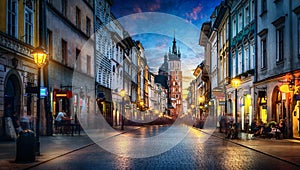 Evening view of St. Mary`s Basilica from the Florianska street, old town Krakow, Poland. Panoramic view, long exposure, photo