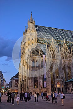 Evening view of St. Stephens Cathedral in Vienna with stone carvings.