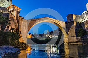 Evening view of Stari most (Old Bridge) in Mostar. Bosnia and Herzegovi