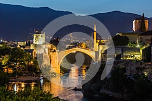 Evening view of Stari most (Old Bridge) in Mostar. Bosnia and Herzegovi