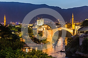 Evening view of Stari most (Old Bridge) in Mostar. Bosnia and Herzegovi