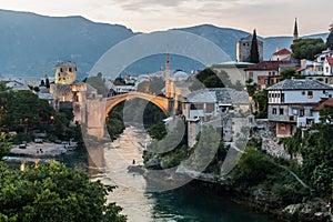 Evening view of Stari most (Old Bridge) in Mostar. Bosnia and Herzegovi