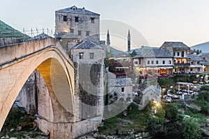 Evening view of Stari most (Old Bridge) and old stone buildings in Mostar. Bosnia and Herzegovi