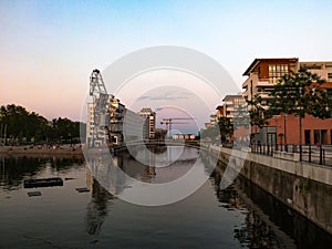 Evening view of Strasbourg, Port du Rhin, France