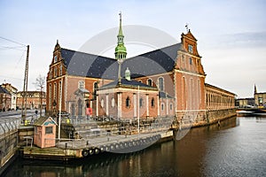 Evening view to Church of Holmen or Holmens Kirke on Holmens canal in Copenhagen, Denmark. February 2020