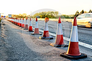 Evening view UK Motorway Services Roadworks Cones photo