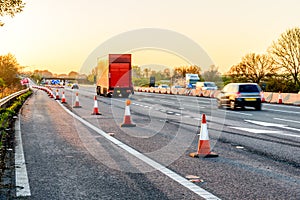 Evening view UK Motorway Services Roadworks Cones