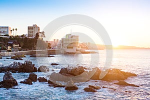 Evening view of Valparaiso Bay, in Vina del Mar, Chile