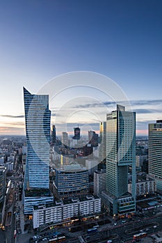 Evening view on Warsaw business centre from the Palace of Science and Culture