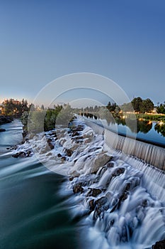 An evening view of the waterfall that the City of Idaho Falls, Idaho is named after