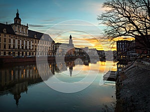 Evening view of the Wroclaw University, city center and the river Odra. Wroclaw, Poland. Historic center of the old city Wroclaw