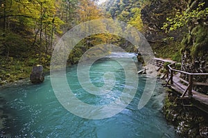 Evening in the Vintgar gorge in Slovenia. Autumn landscape