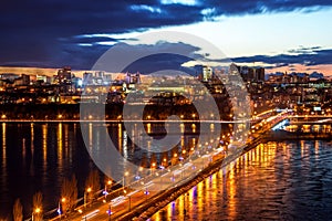 Evening Voronezh. Aerial view to Chernavsky bridge through Voronezh river