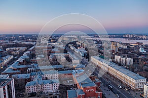 Evening Voronezh downtown. Aerial view from height to Revolution prospect - central street of Voronezh