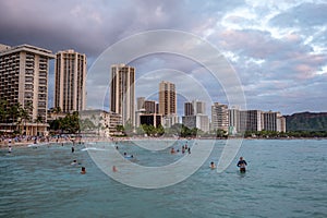 Evening at Waikiki Beach with Diamond Head valcano in the distance