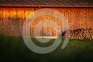 Evening warm sunlight hitting a wooden barn