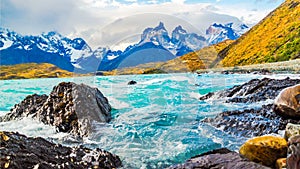 Evening waves of Lake Pehoe and the Cuernos del Paine