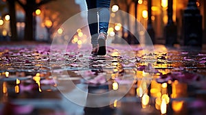 evening wet street asphalt with puddle blurred city colorful neon light ,autumn leaves