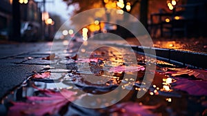 evening wet street asphalt with puddle blurred city colorful neon light ,autumn leaves