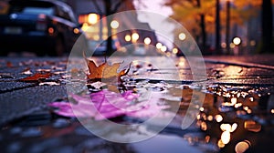 evening wet street asphalt with puddle blurred city colorful neon light ,autumn leaves