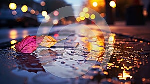 evening wet street asphalt with puddle blurred city colorful neon light ,autumn leaves