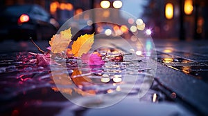 evening wet street asphalt with puddle blurred city colorful neon light ,autumn leaves