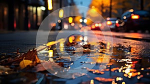 evening wet street asphalt with puddle blurred city colorful neon light ,autumn leaves