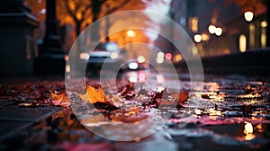 evening wet street asphalt with puddle blurred city colorful neon light ,autumn leaves