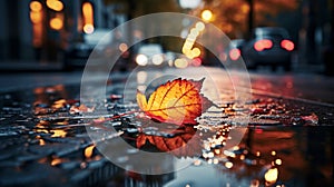 evening wet street asphalt with puddle blurred city colorful neon light ,autumn leaves