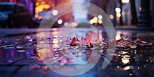 evening wet street asphalt with puddle blurred city colorful neon light ,autumn leaves