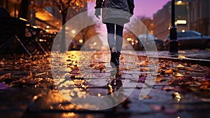 evening wet street asphalt with puddle blurred city colorful neon light ,autumn leaves ,and people walk with umbrellas