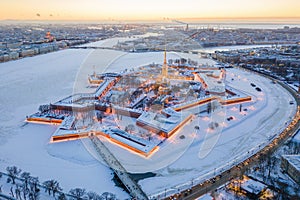 Evening winter aerial view, Peter and Paul Fortress, Neva river, Saint Petersburg, Russia