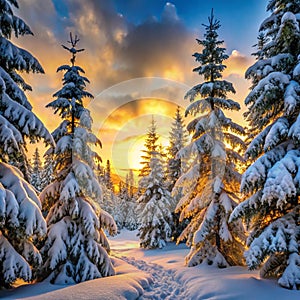 Evening Winter Coniferous Forest with Snow-Covered Branches