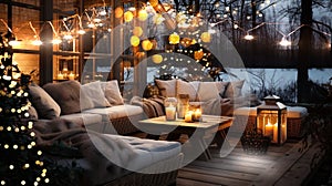 evening winter terrace outside ,blurred lantern c andle light, soft sofa ,cozy atmosfear Christmas decorated