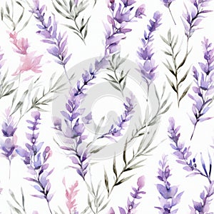 Evenly Distributed Watercolor Lavender Sprigs in a Pattern AI Generated