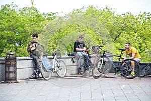 The event bicycle day. Bicyclists, adults and children, their portraits.